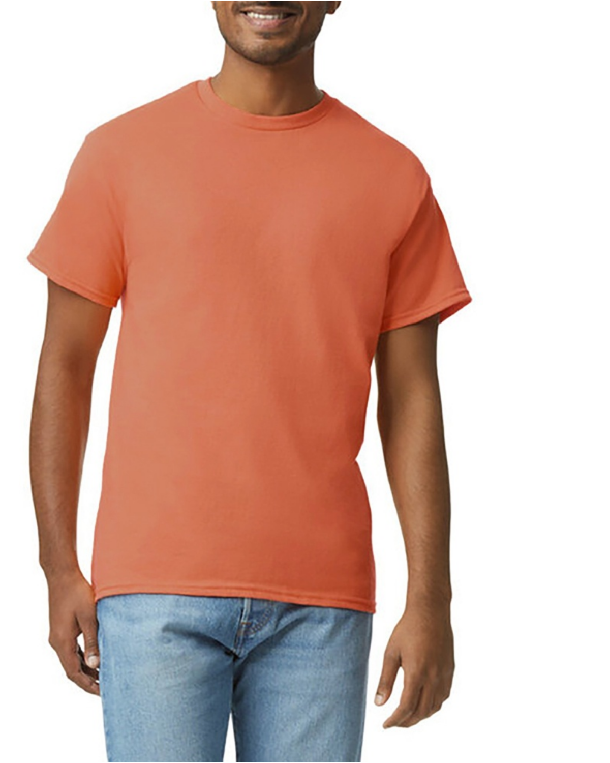 Man wearing an orange t-shirt and blue jeans on a white background
