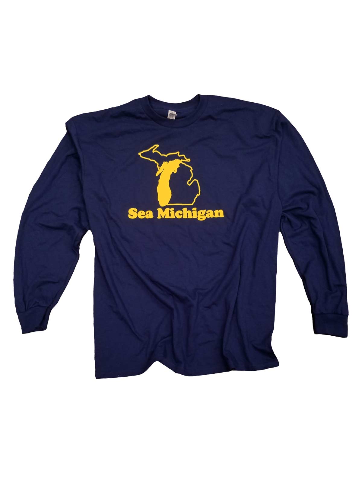 navy long sleeve shirt with yellow logo