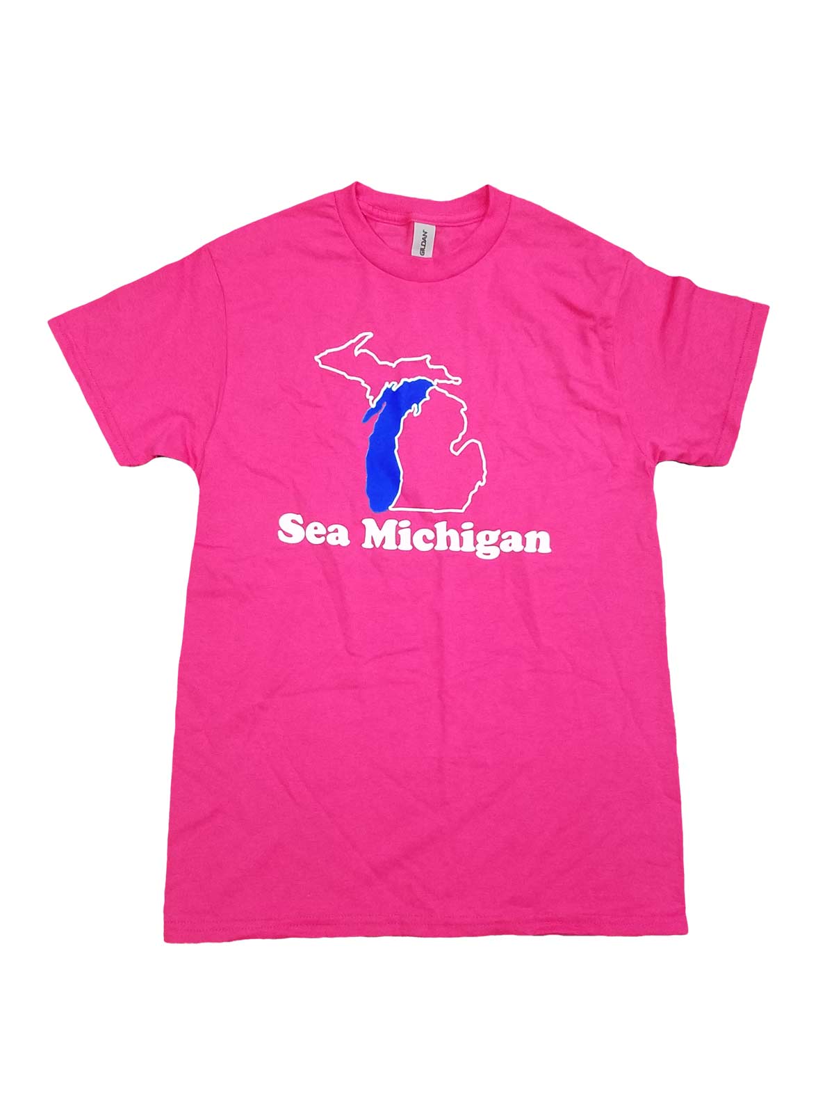 pink t shirt with white and blue logo