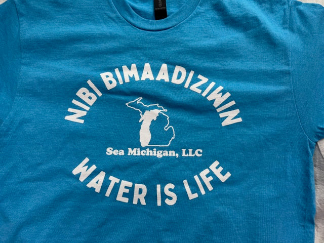 Blue t-shirt with white text and graphic of Michigan outline blue background