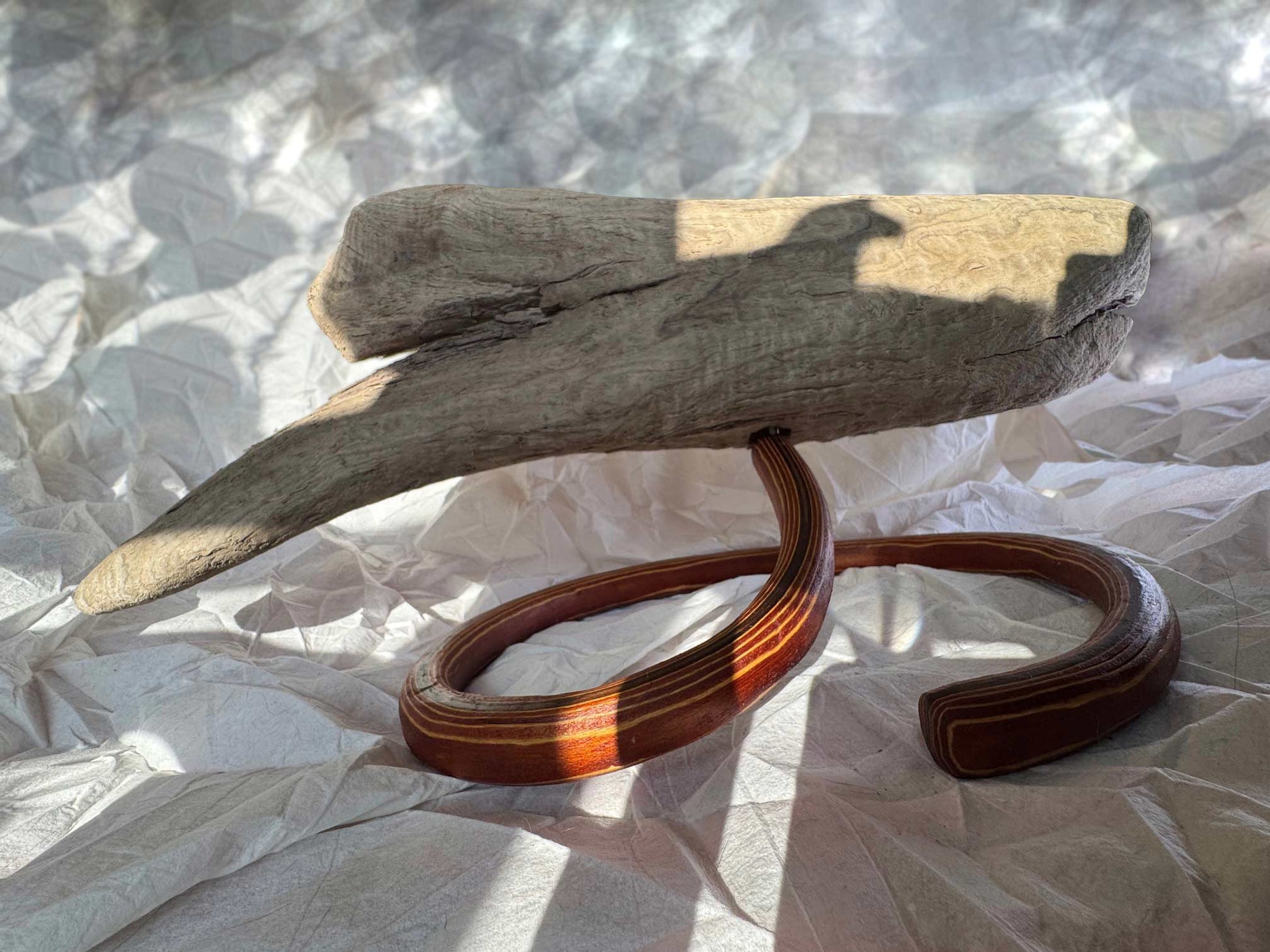 driftwood art piece mounted on laminated curved stand