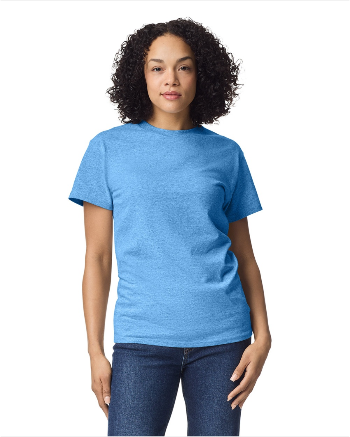 Person wearing a blue t-shirt on a white background