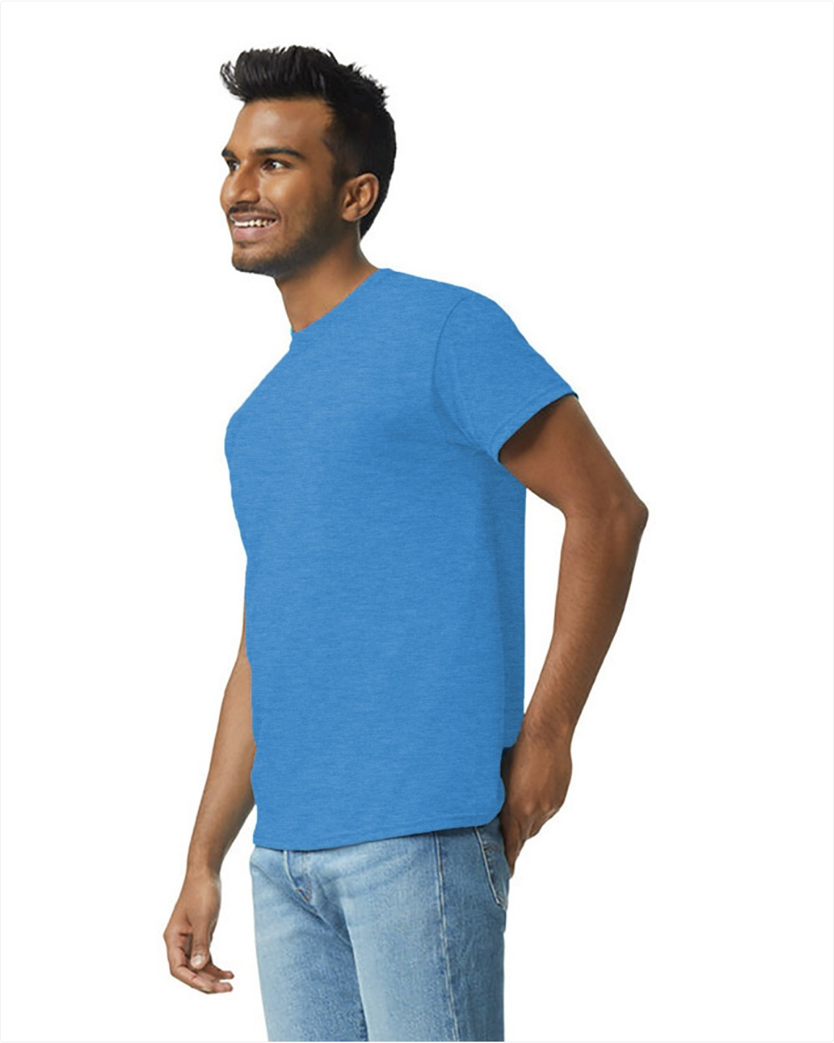 Man wearing a blue t-shirt and jeans on a white background
