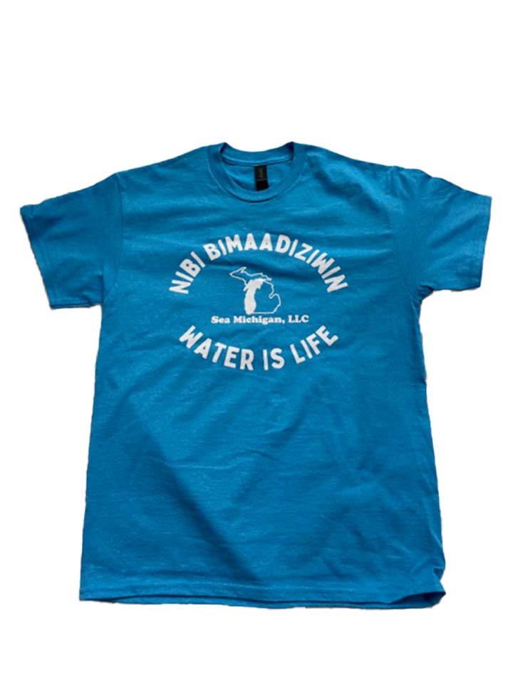 Blue t-shirt with white text and graphic on a white background