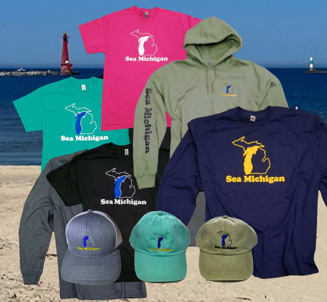 collage of shirts and hats over beach background