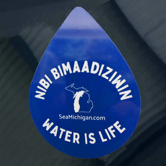 blue decal on dark background - ninibimaadiziwin water is life seamichigan.com