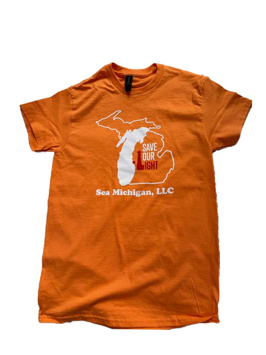 orange t shirt with state of michigan adn save our light sea michigan llc